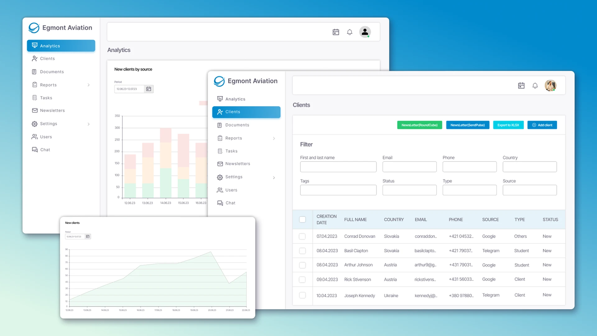 Screens of custom CRM for Egmont Aviation