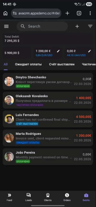 AVADA CRM for logistics mobile payment