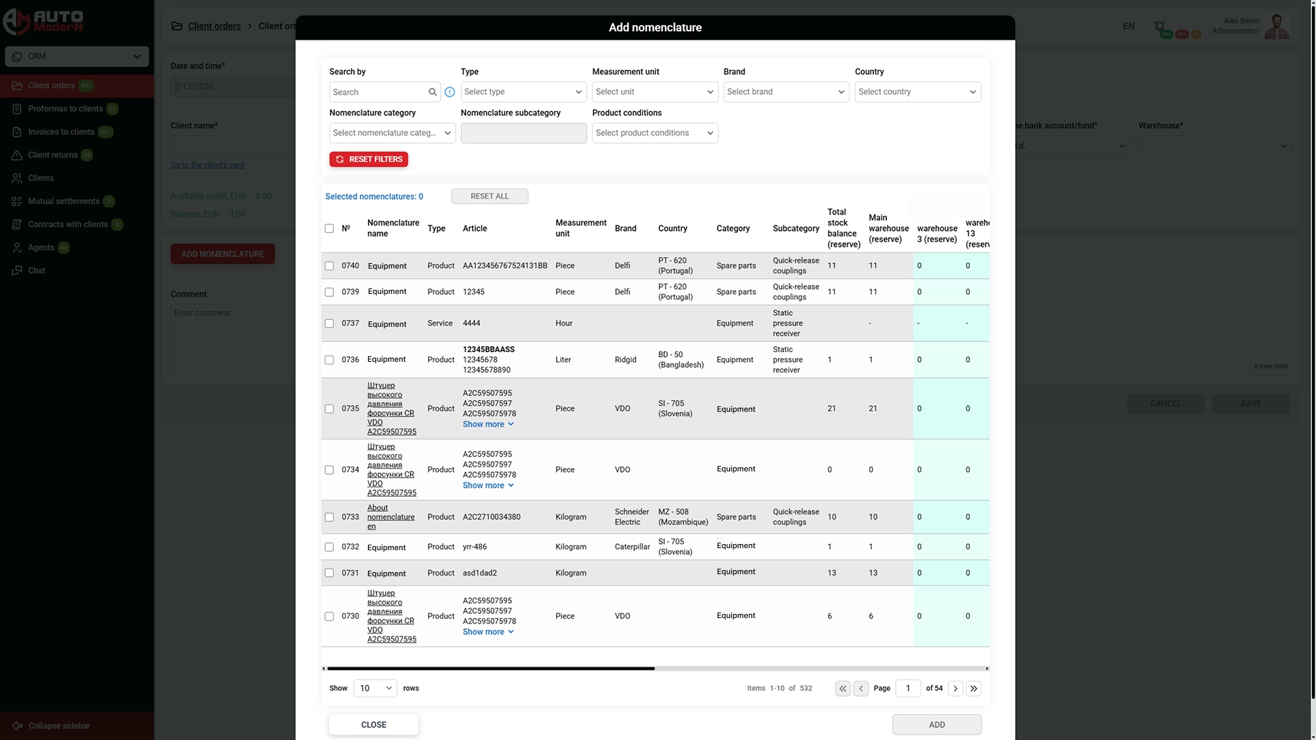 Automodern Clients Order Add nomenclature