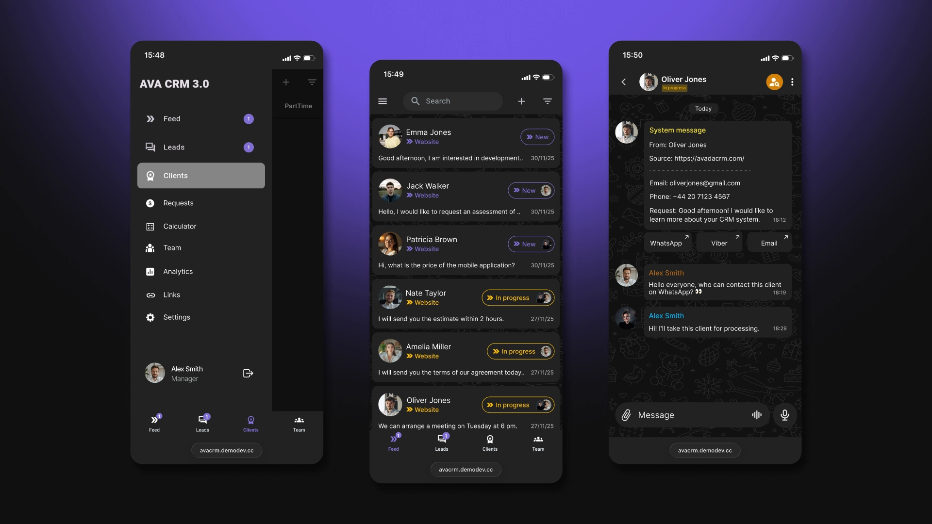 Dark theme for mobile chat-oriented CRM system AvaCRM