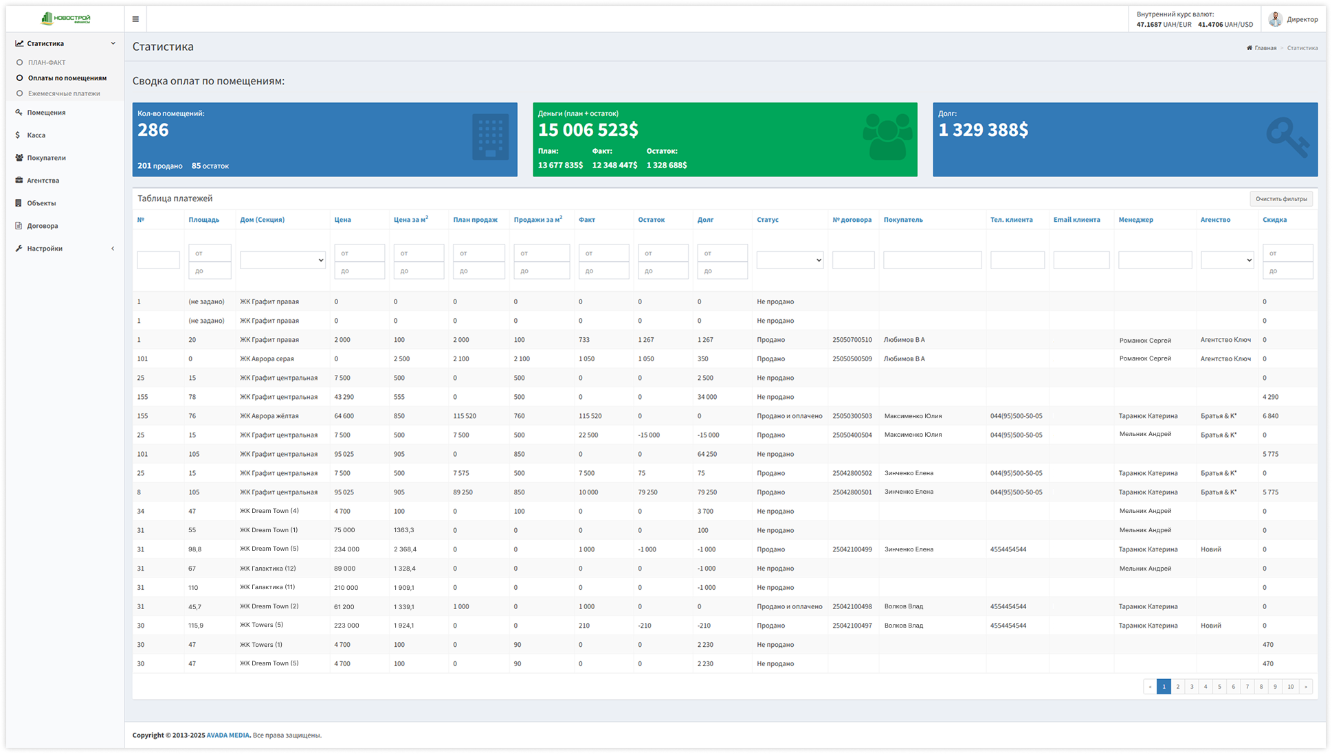 Summary of payments for premises in the Novostroy CRM system