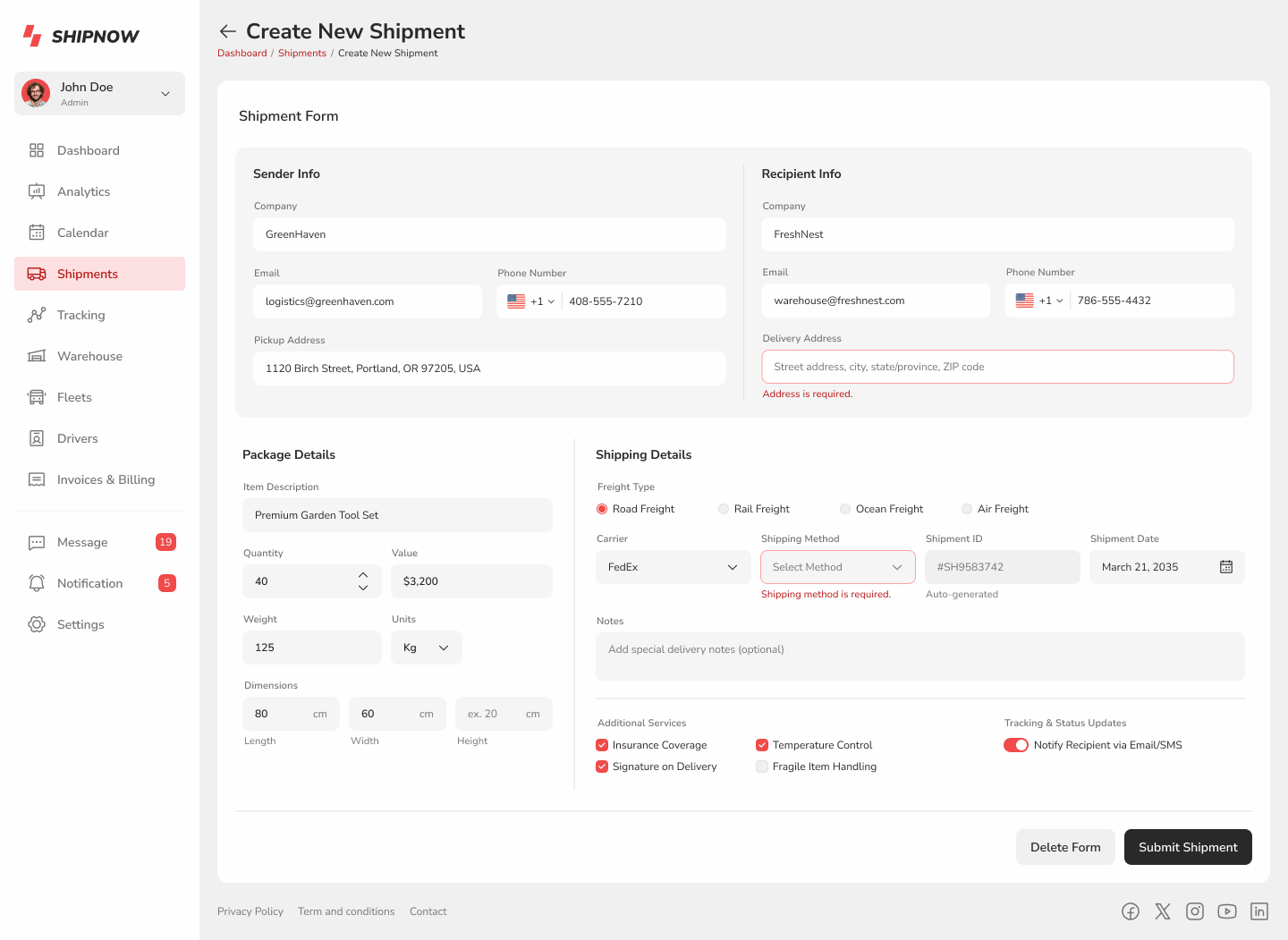 CRM system for creating parcels