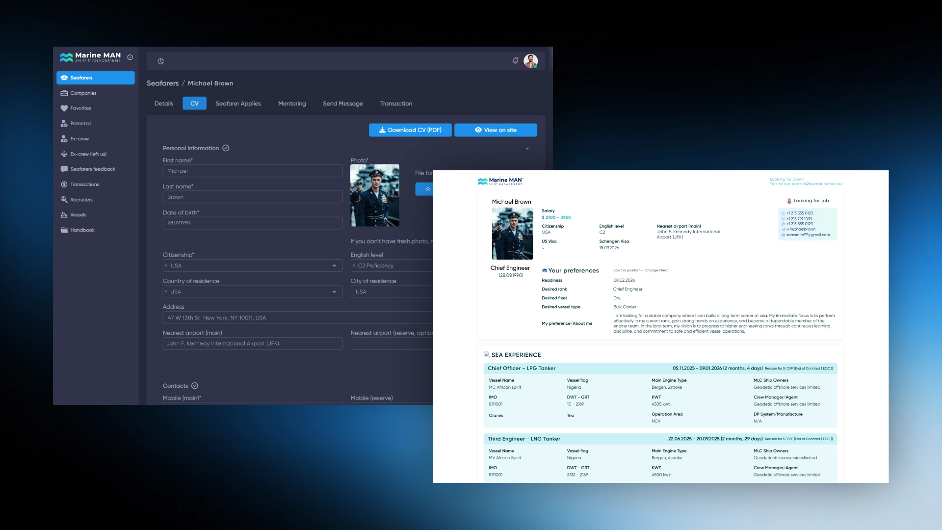 Seafarer's CV in the HR system and on the portal