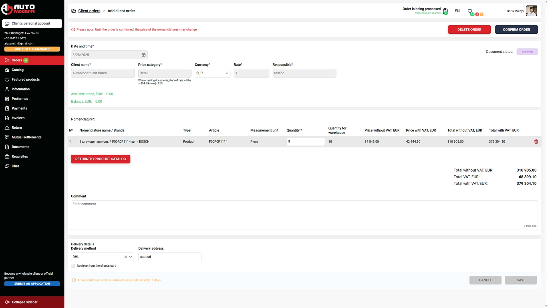 Client Personal account
