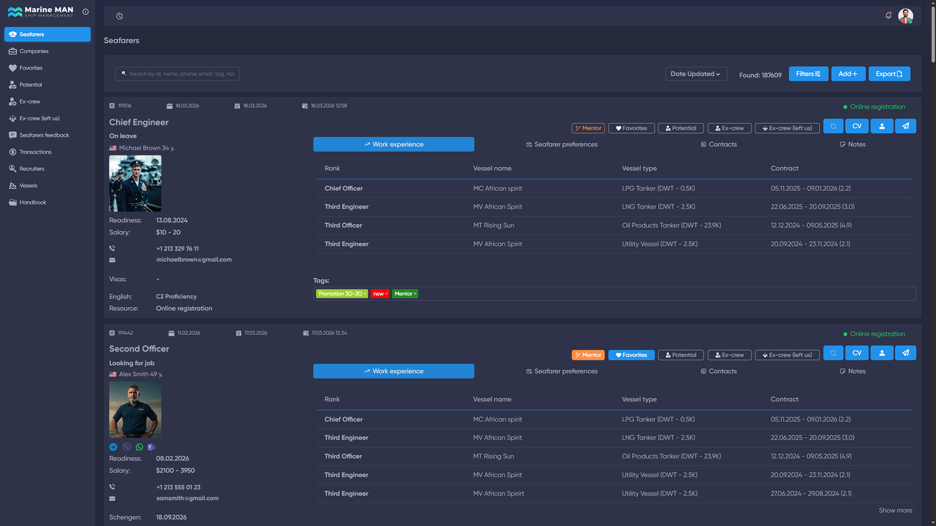 Seafarer database in the HRM system