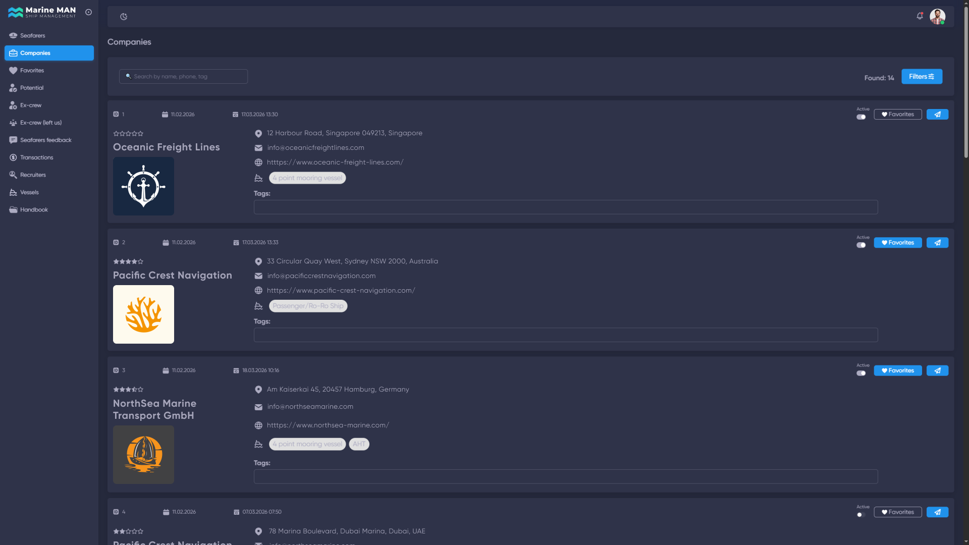Shipowner company database in the HRM system