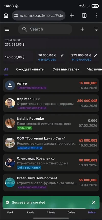 Мобильная CRM для строительства, финансы и дебиторка, контроль оплат и счетов, адаптация под мобильные устройства