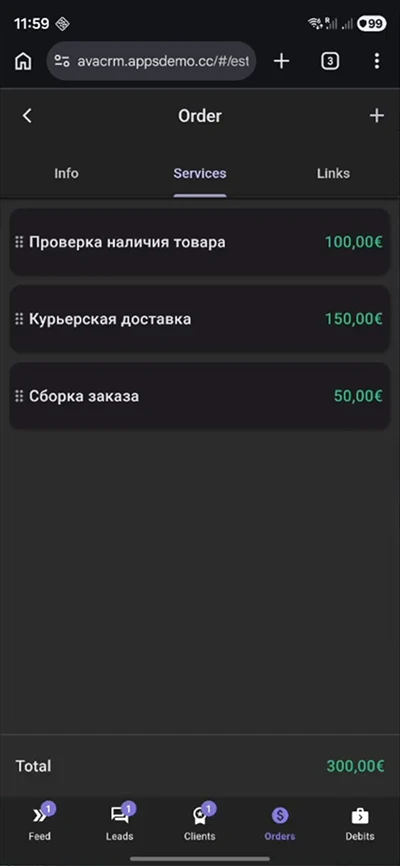 Mobile CRM for e-commerce, orders and services, cost calculation on smartphone, optimized for mobile