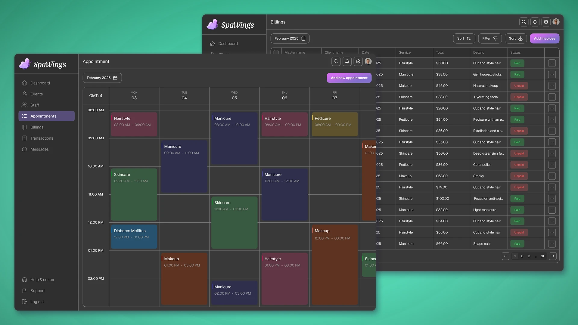 Beauty Salon CRM Appointment and Billings Pages