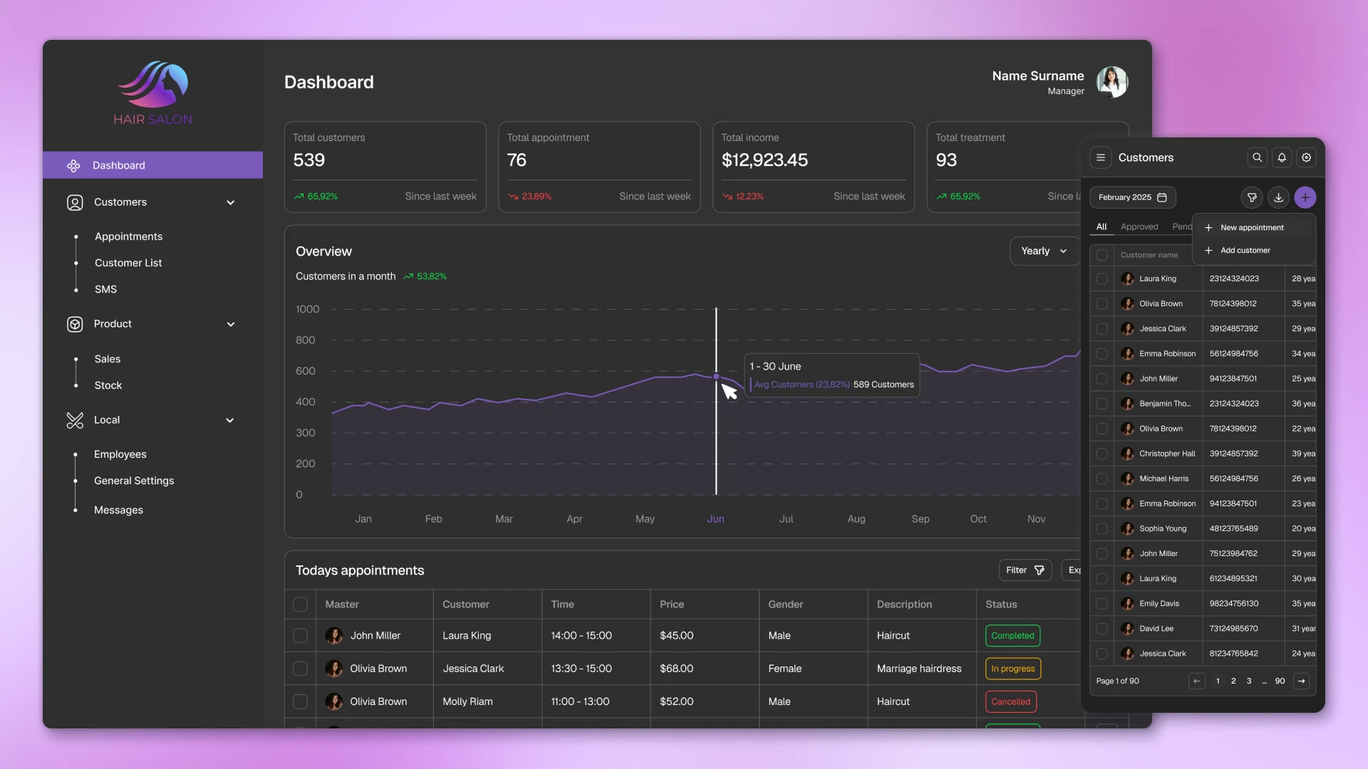 Hair Salon CRM Dashboard and Customers Pages