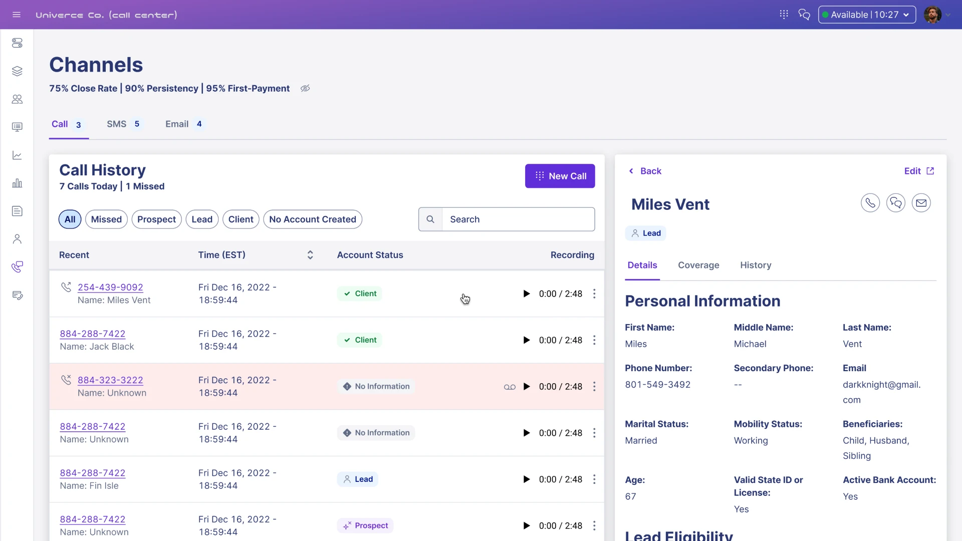 Сторінка Історія дзвінків CRM для кол-центру