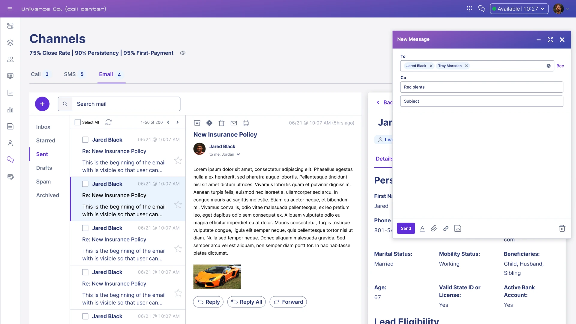Сторінка Повідомлення Email CRM для кол-центру
