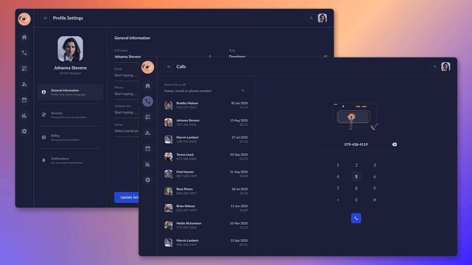 Сторінки Профіль та Дзвінки CRM для кол-центру