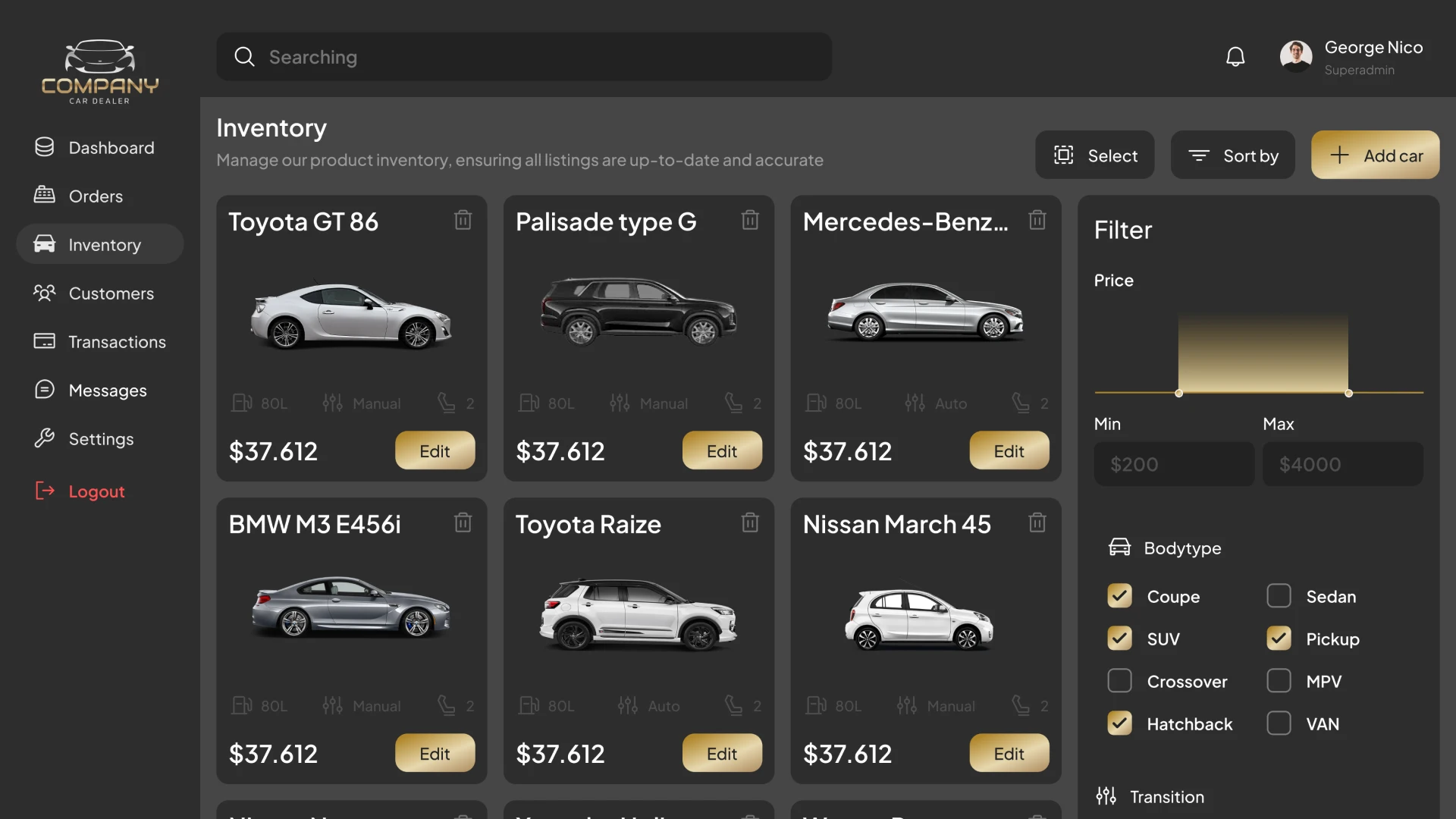 Inventory Page CRM for car dealership