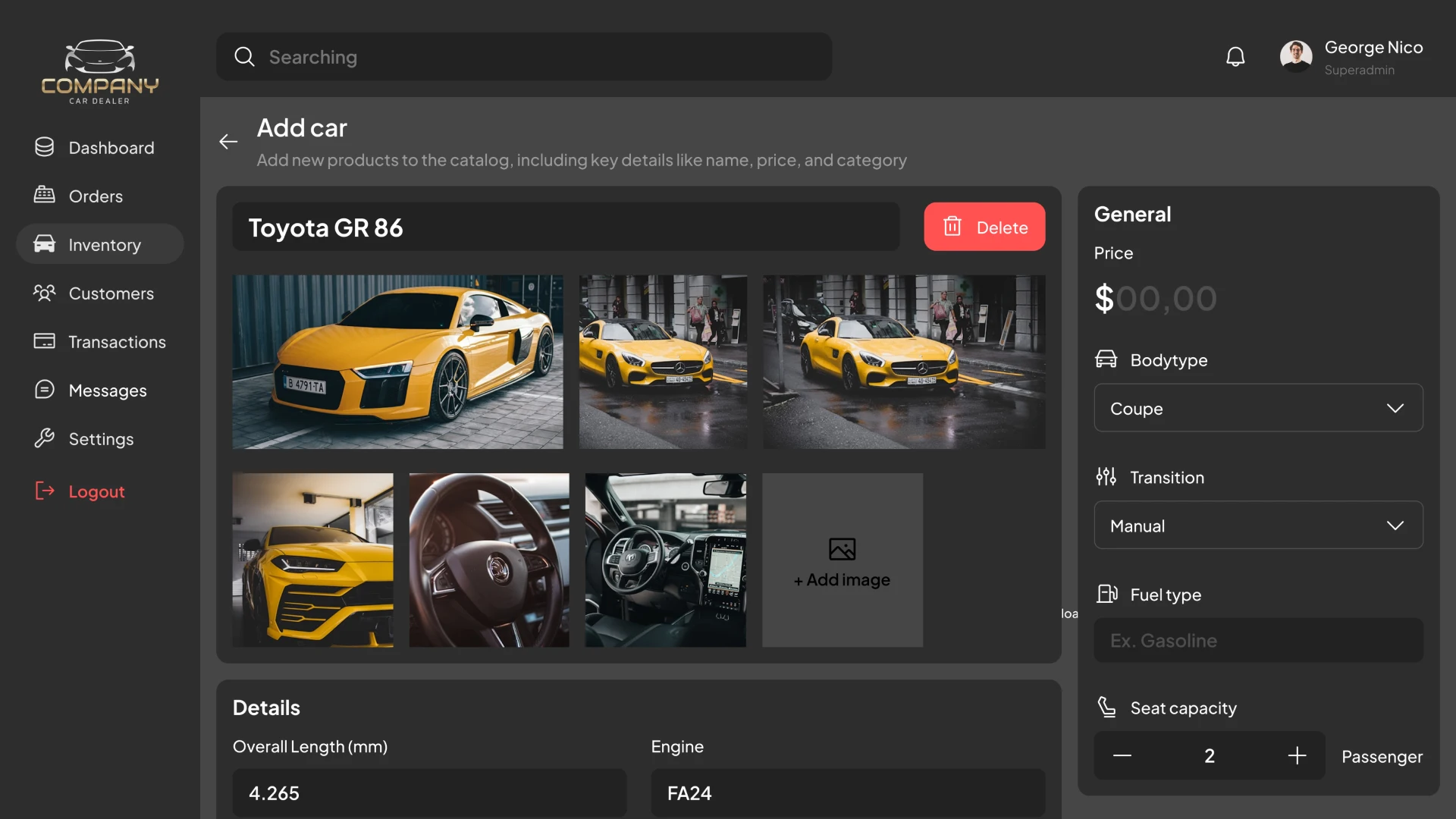 Add car Page CRM for car dealership