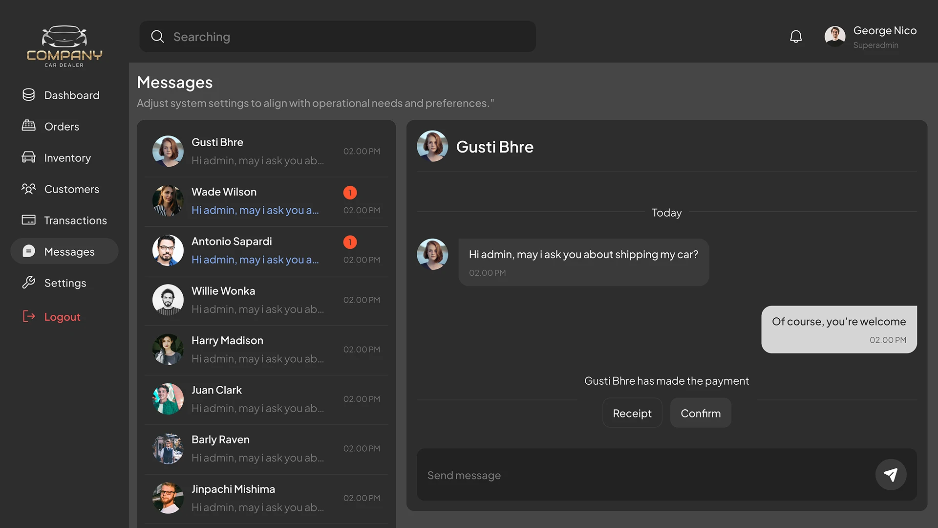 Messages Page CRM for car dealership
