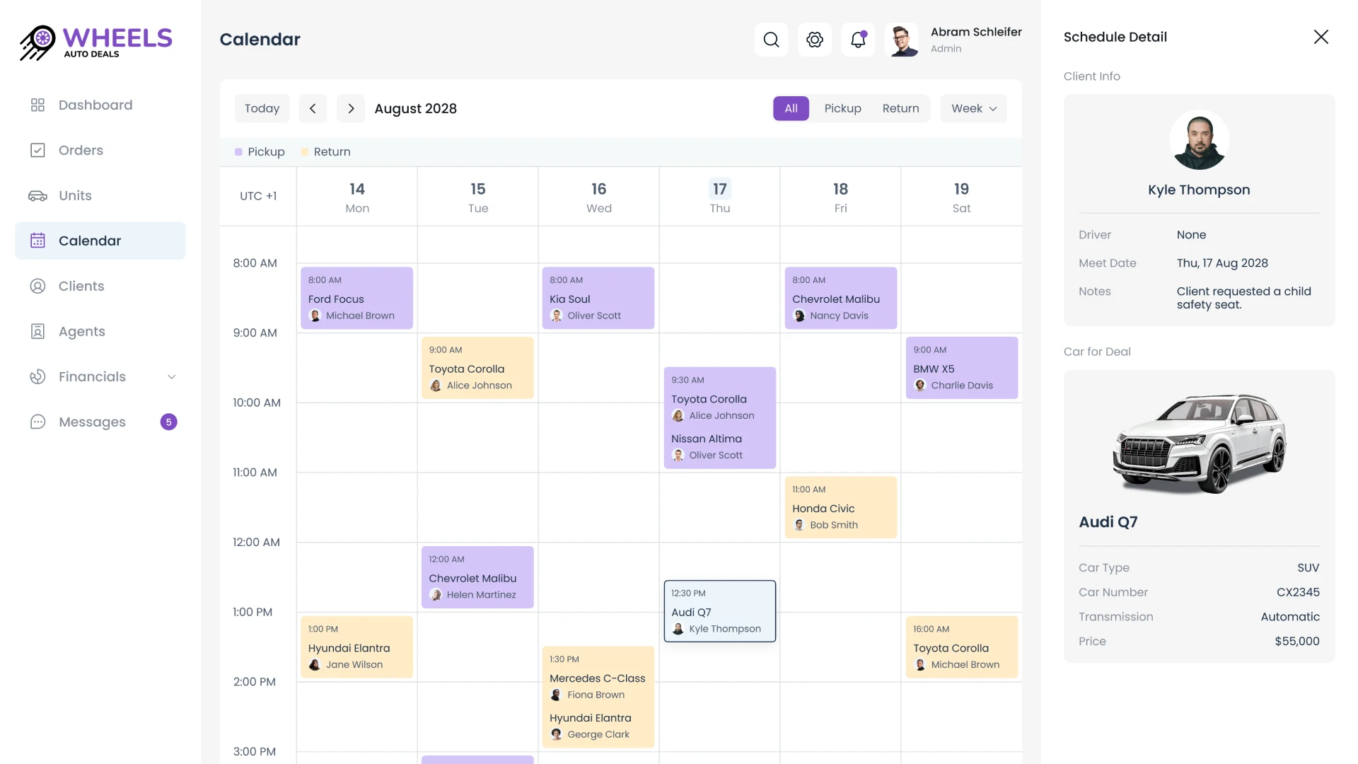 Calendar Page CRM for car dealership