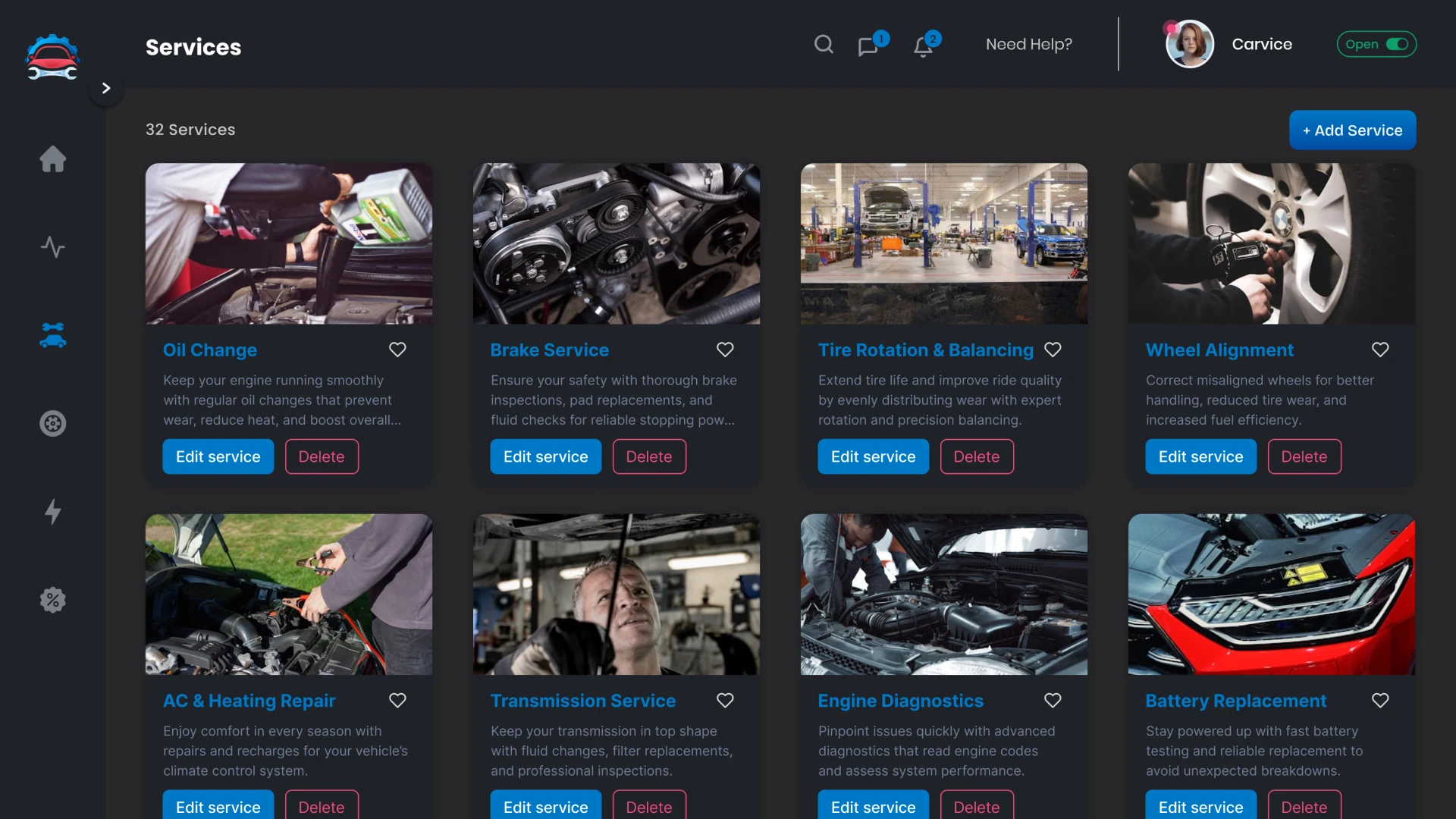 Services Page CRM system for service station