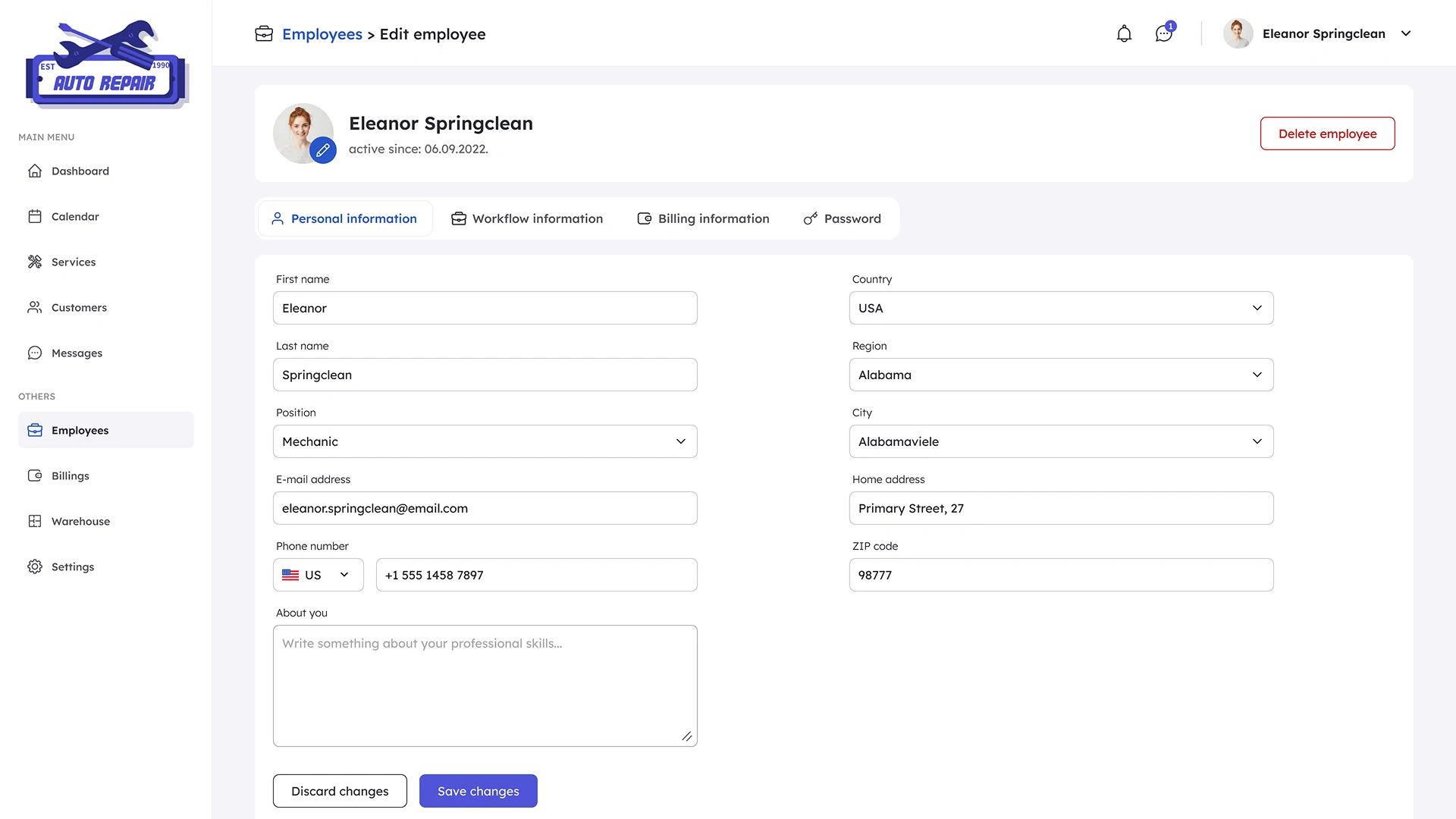 Edit employee Page CRM system for car service