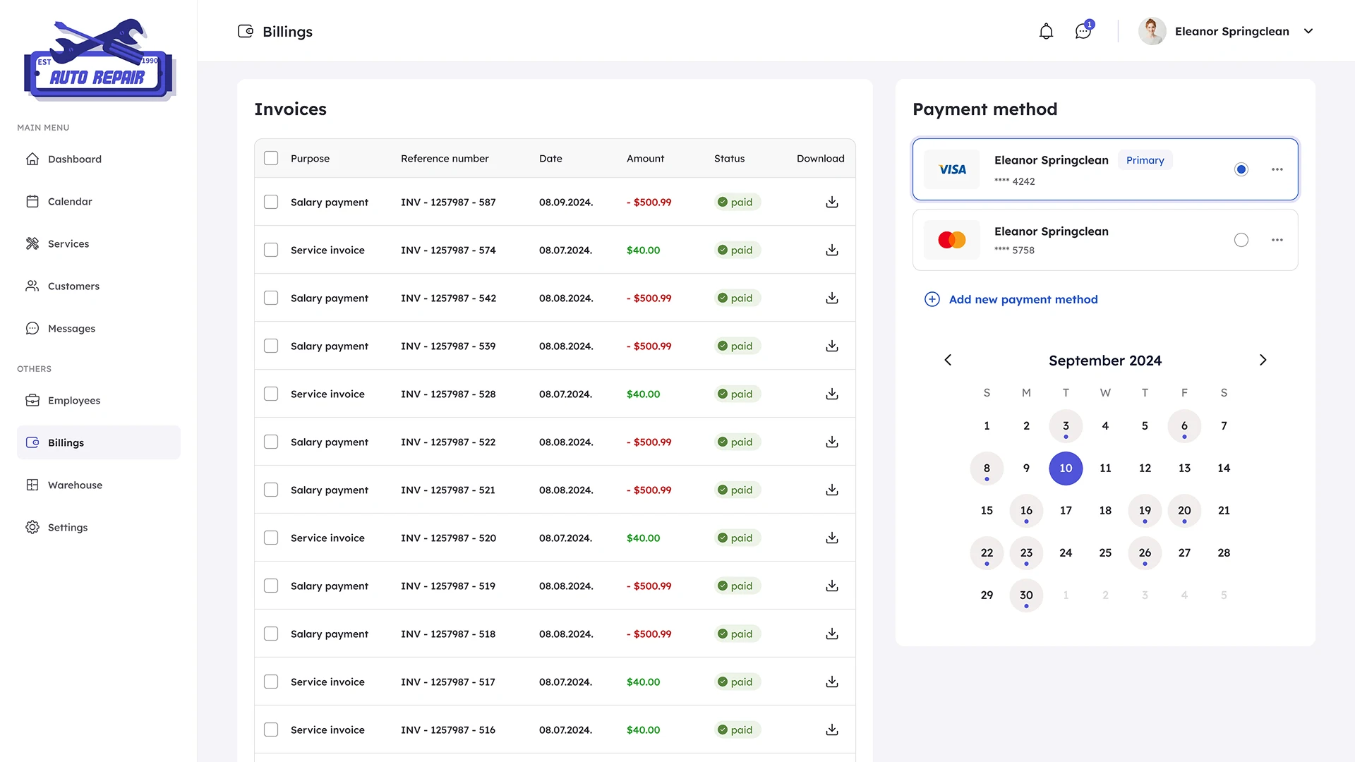 Bilings Page CRM system for car service