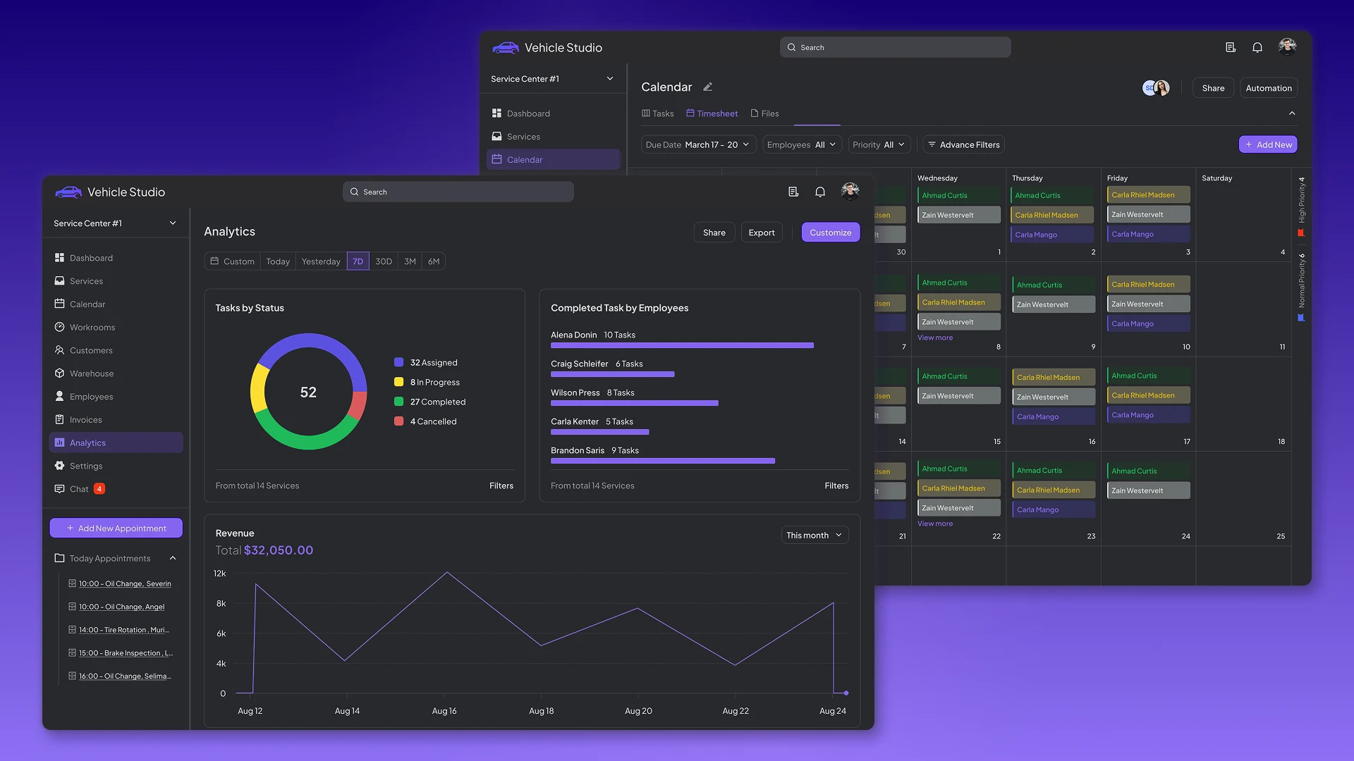 Analytics and Calendar Pages CRM system for service station