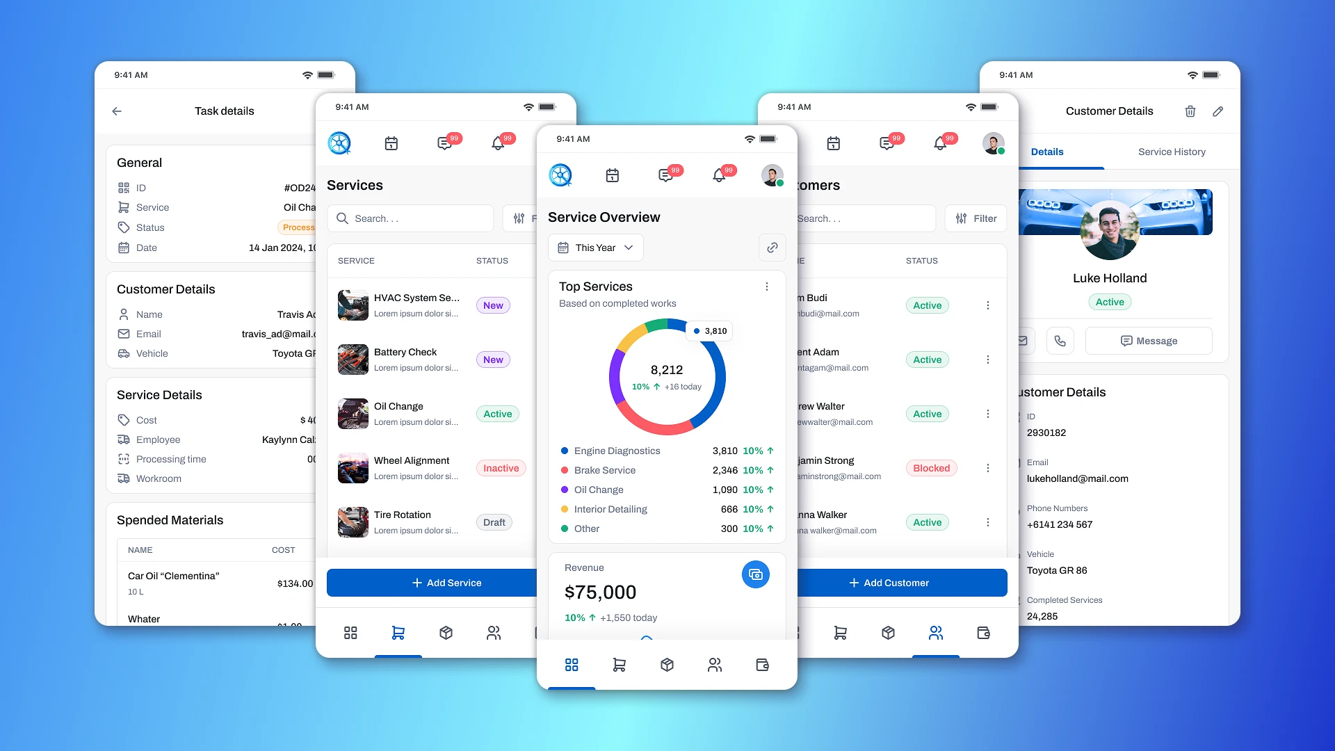 Mobile screens CRM for car service