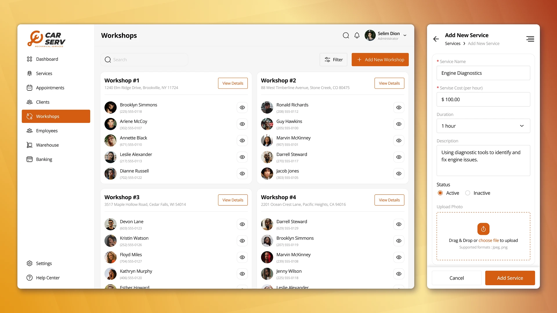 Workshops and Add New Service Pages for adaptive CRM for car service