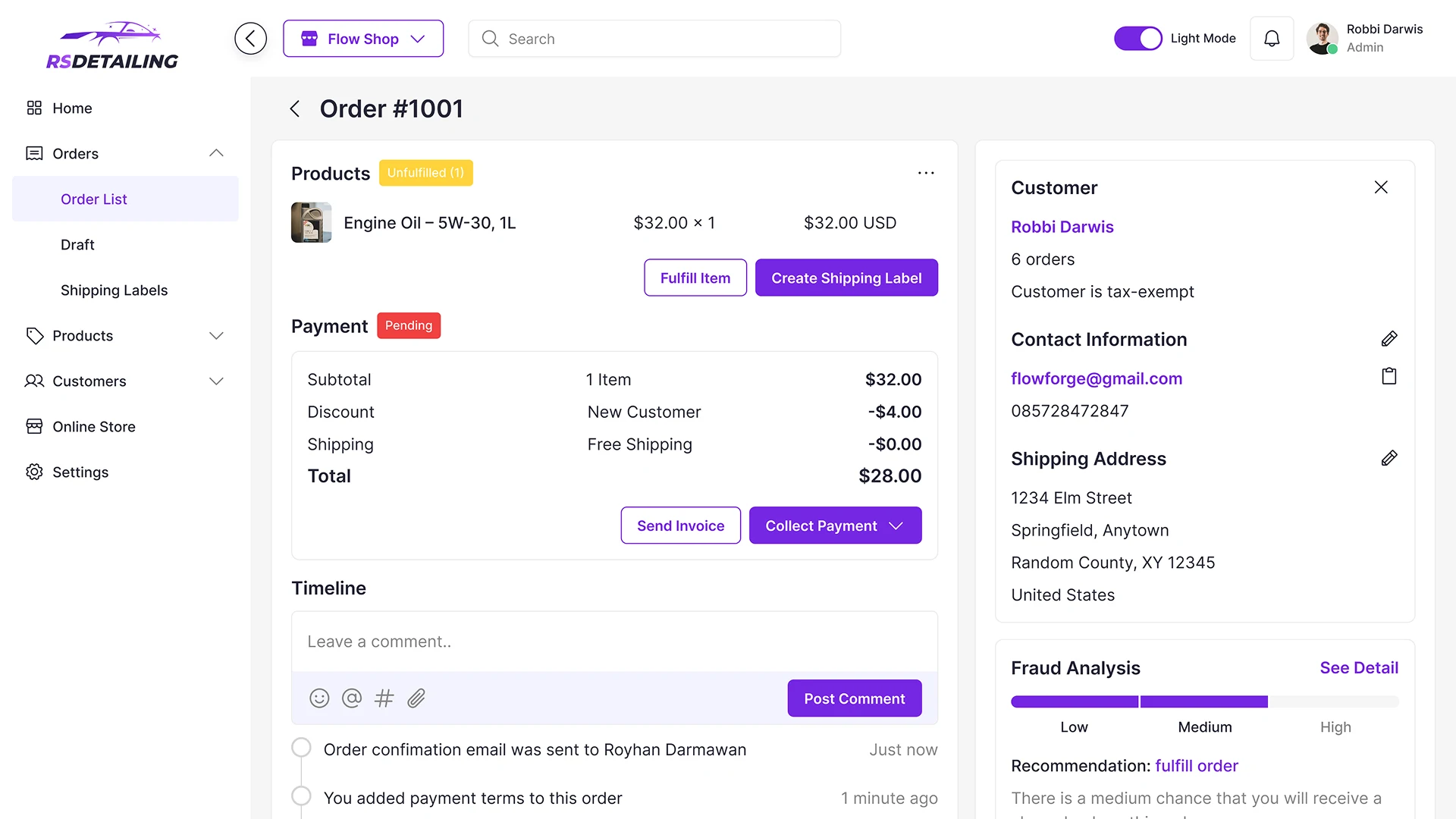 CRM Order Details Page for Car Shop