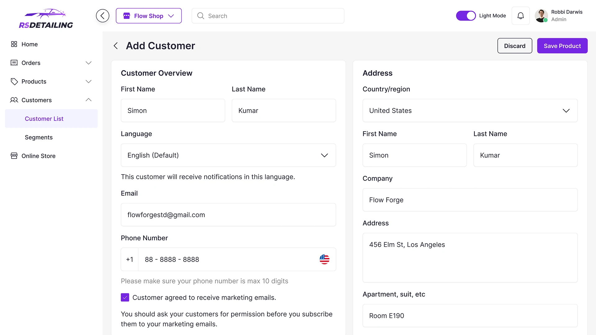 CRM Add Customer Page for Car Shop