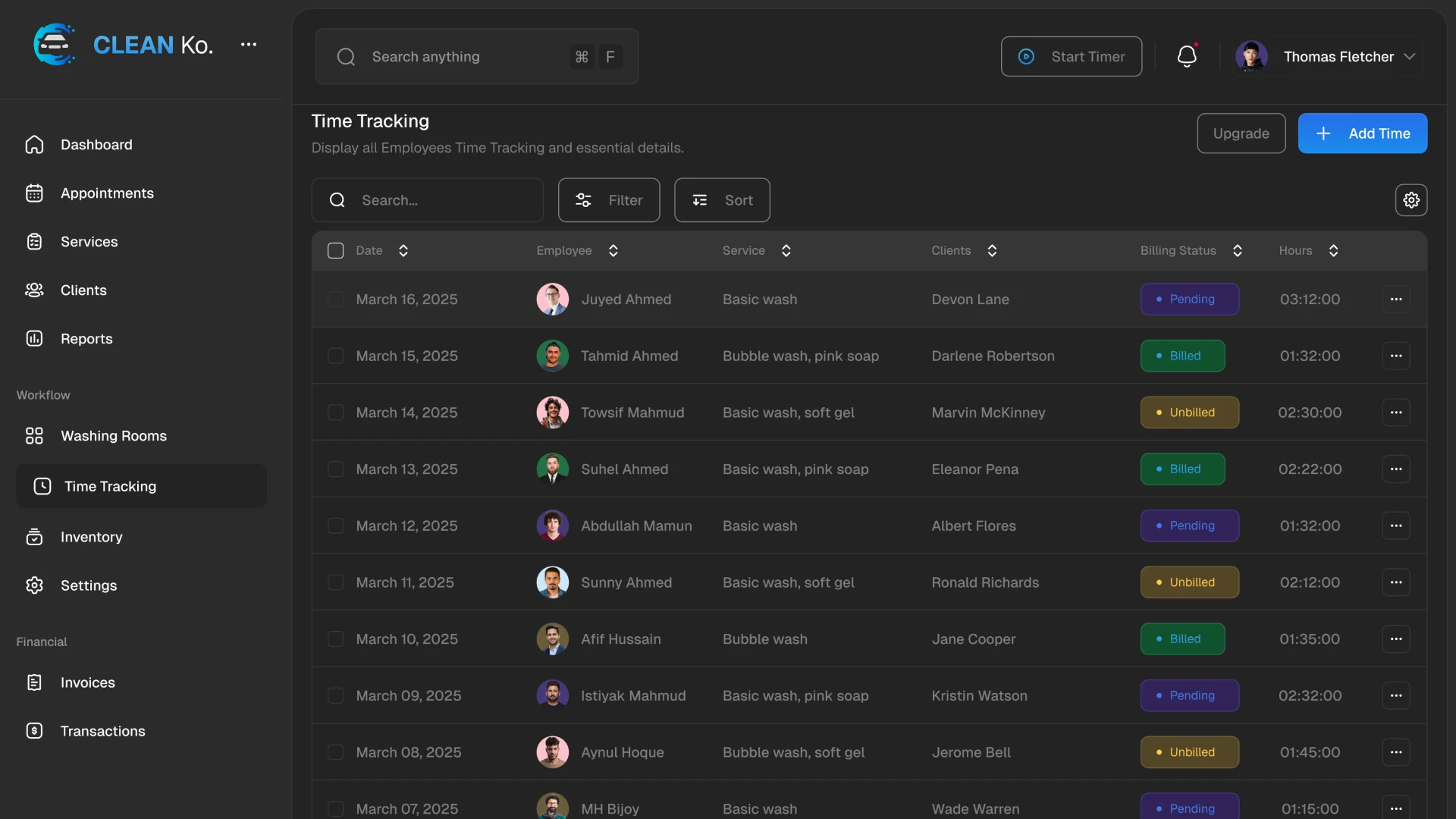 Time Tracking Page CRM for car wash