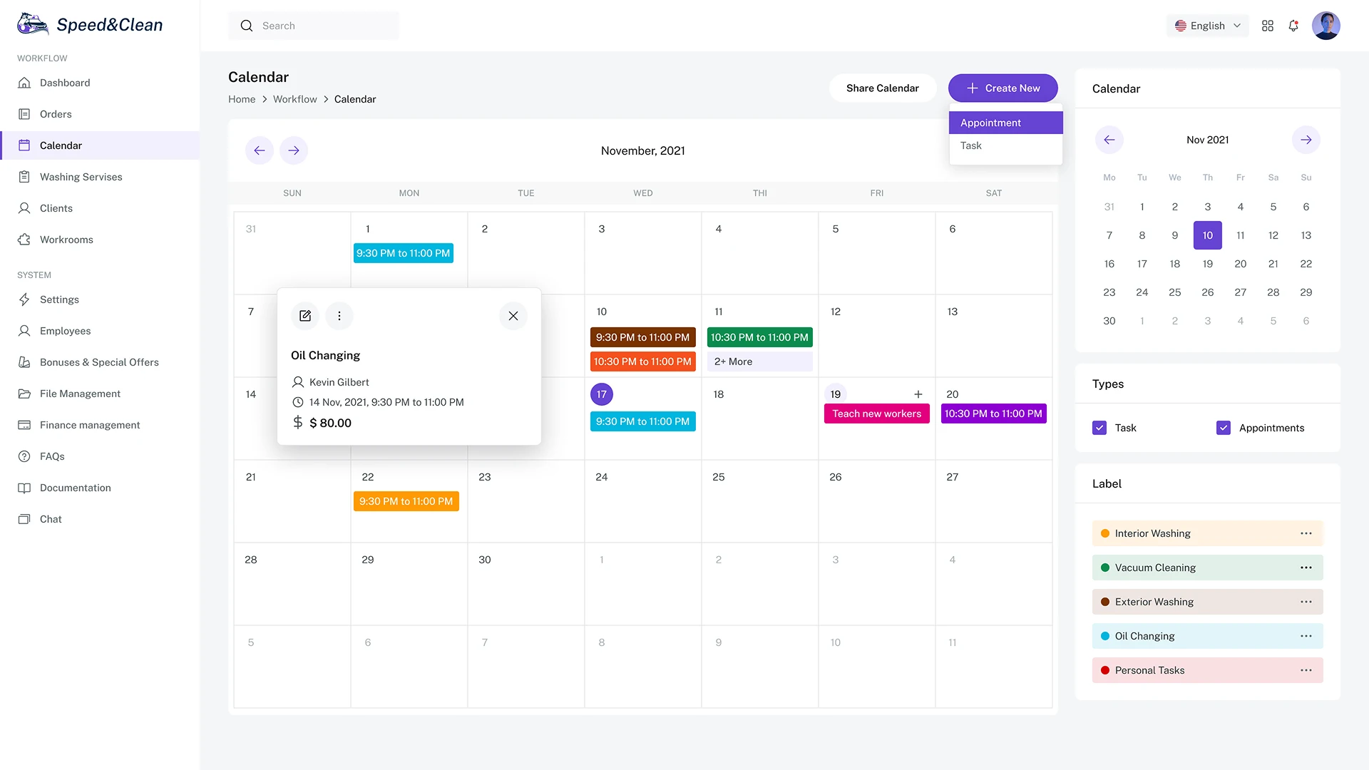 Calendar Page CRM for car wash