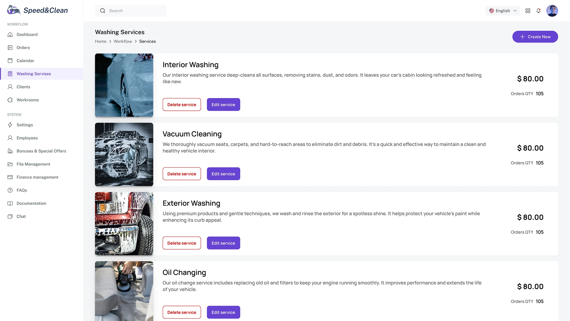 Washing Services Page CRM for car wash