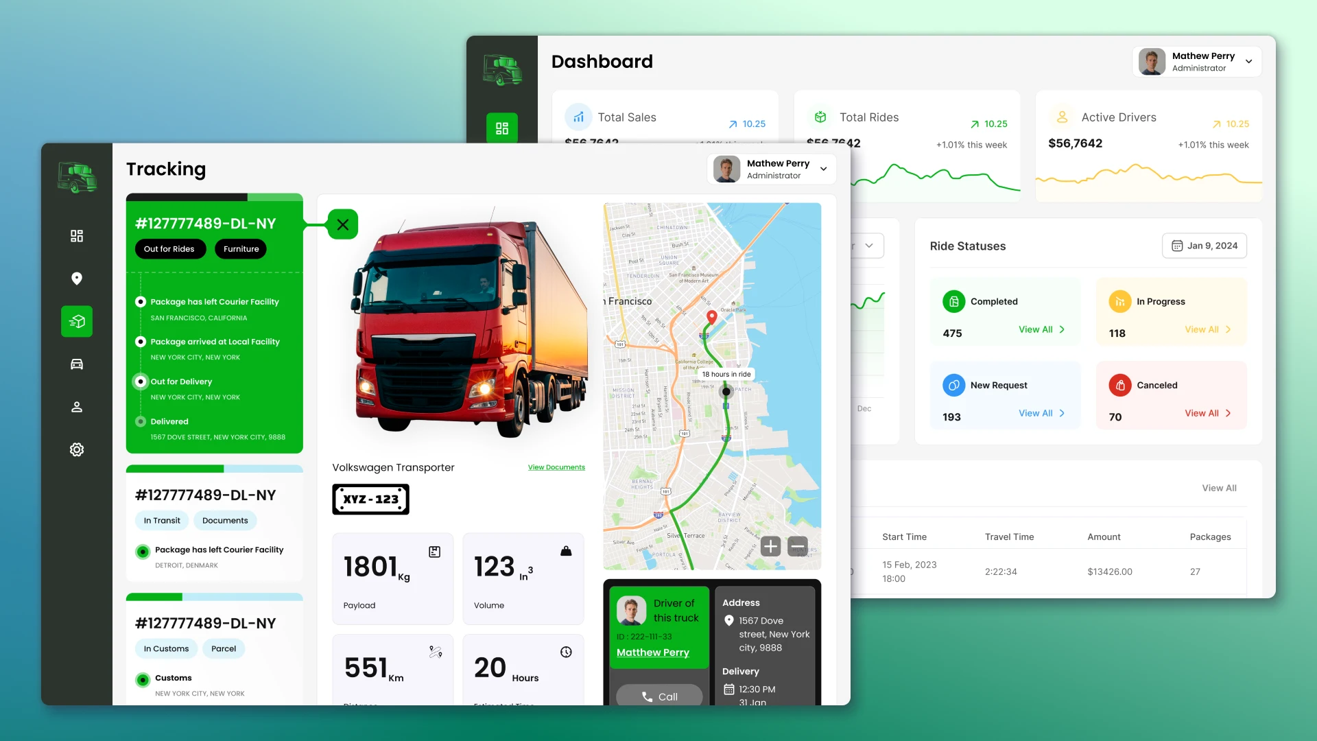 Tracking and Dashboard Pages CRM for cargo transportation