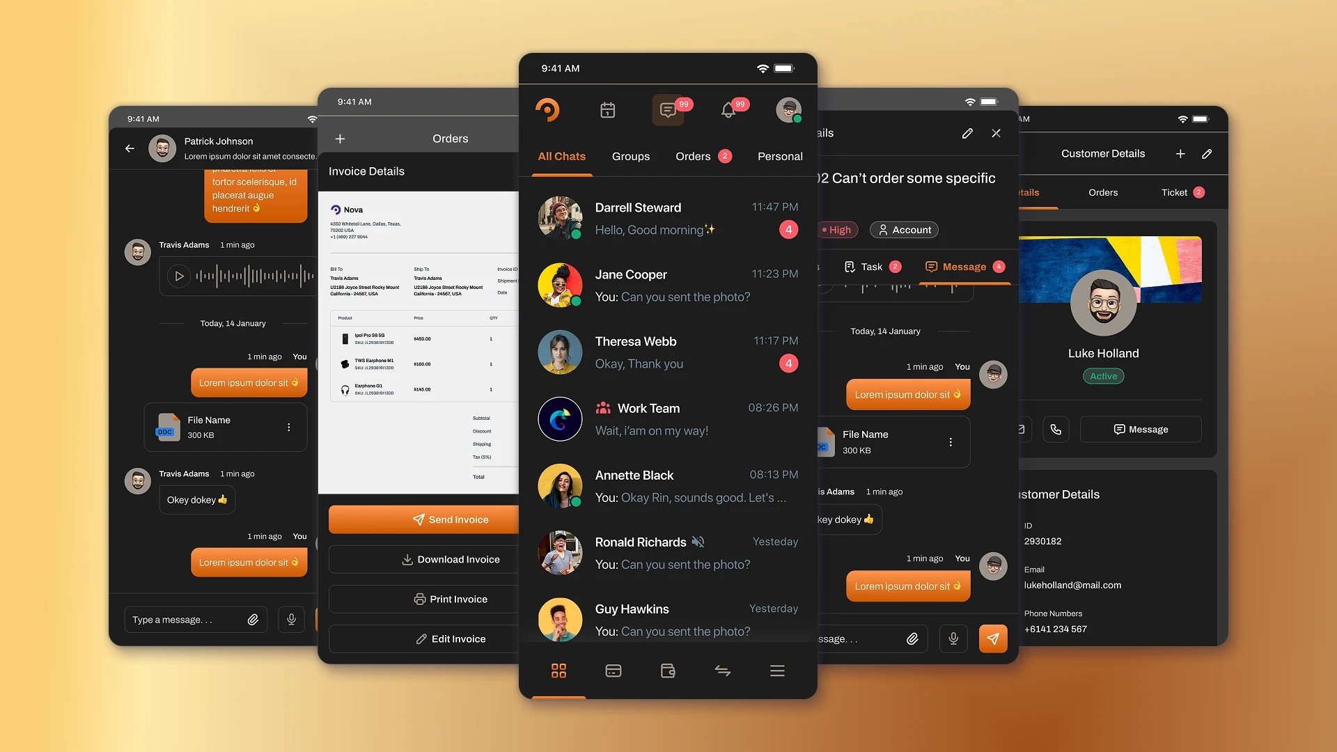 Mobile screens of chat-oriented CRM for small shop business