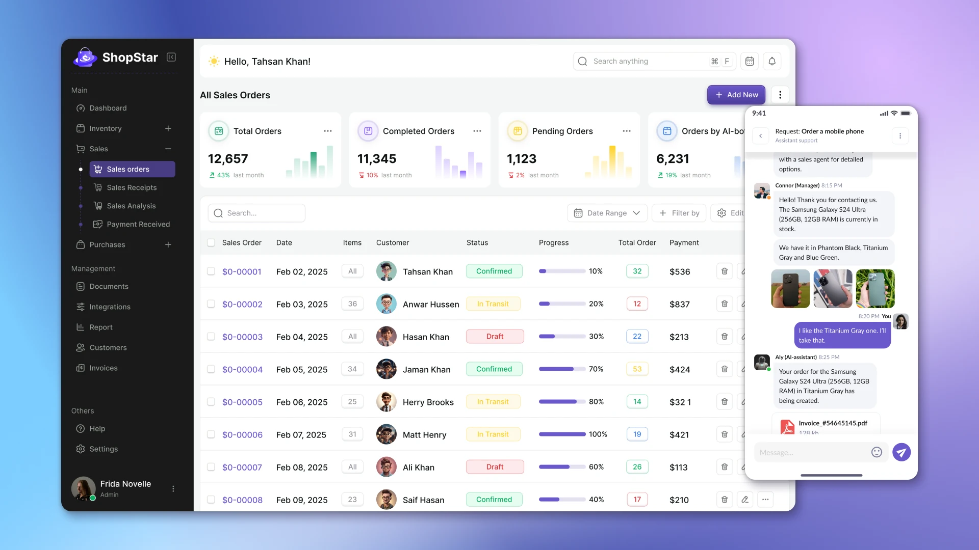 CRM order dashboard with AI admin and automatic sales processing