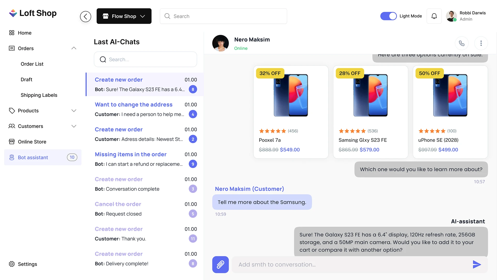 Chat with a customer in CRM with an eCommerce AI bot