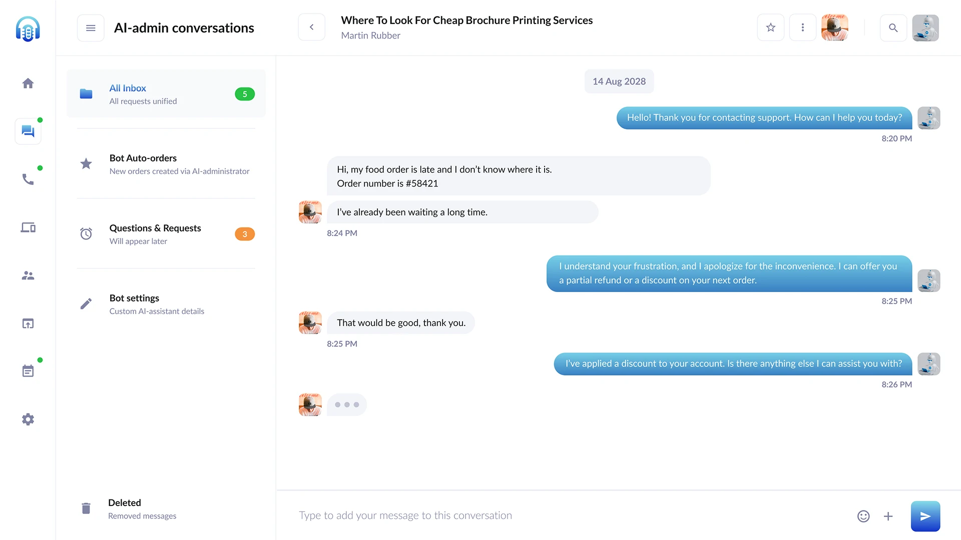 AI admin interface for automated customer service via chat