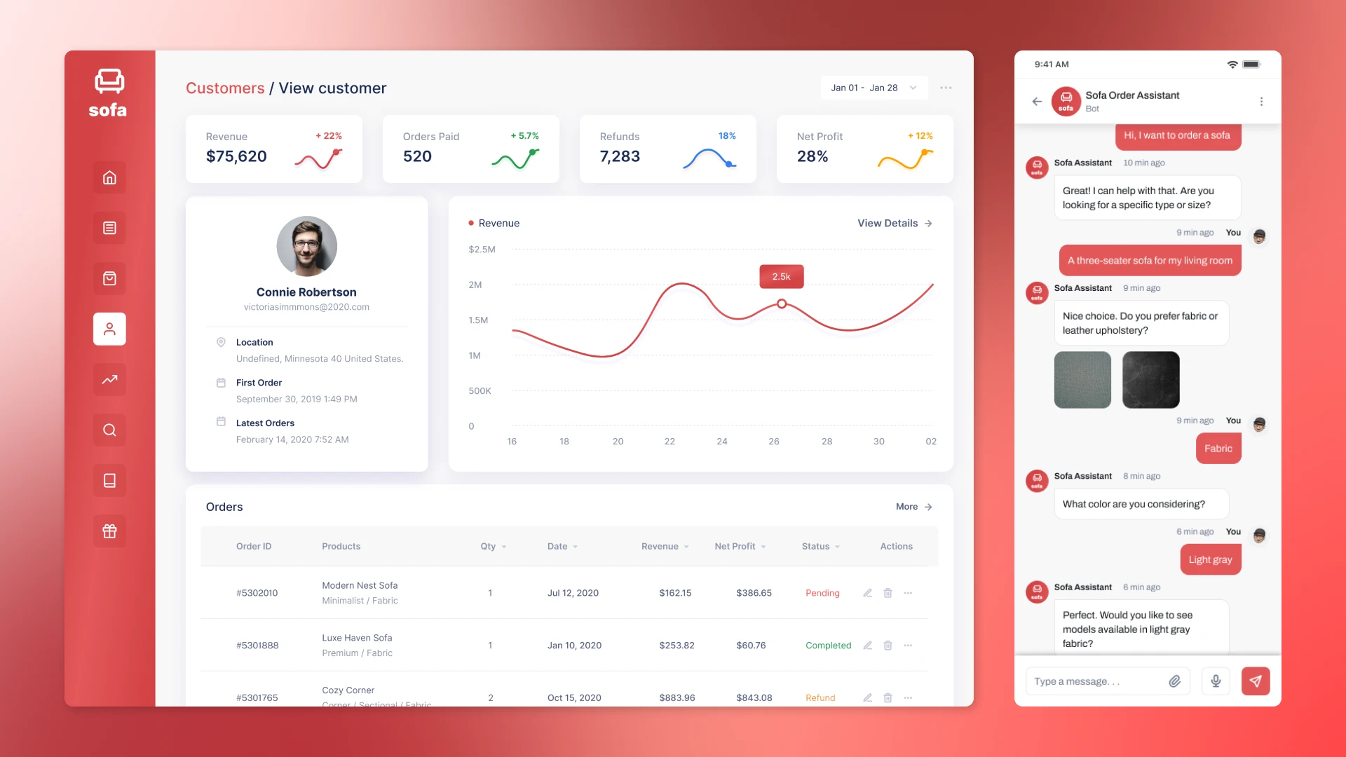 Customer profile in CRM with order history and AI bot dialogue