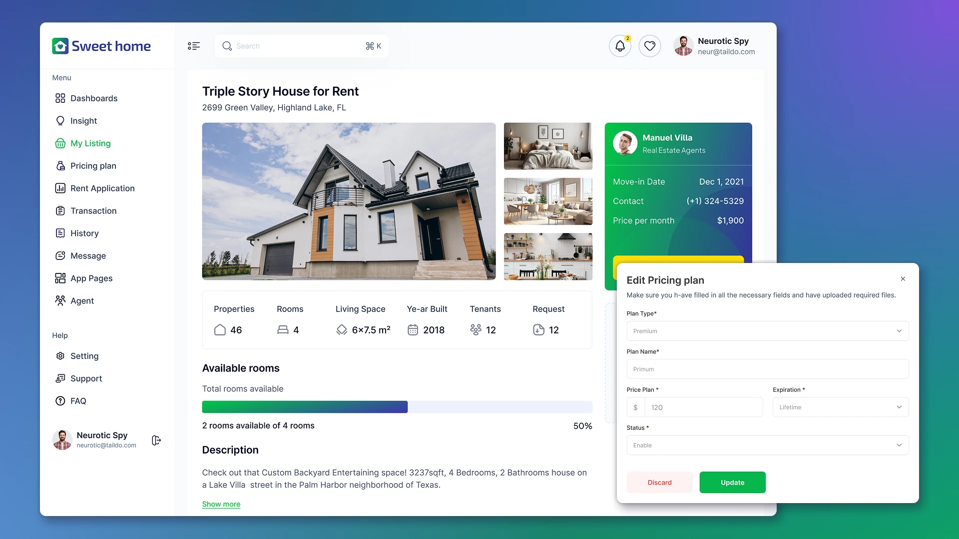 House card and price editing pop-up window for real estate agency CRM