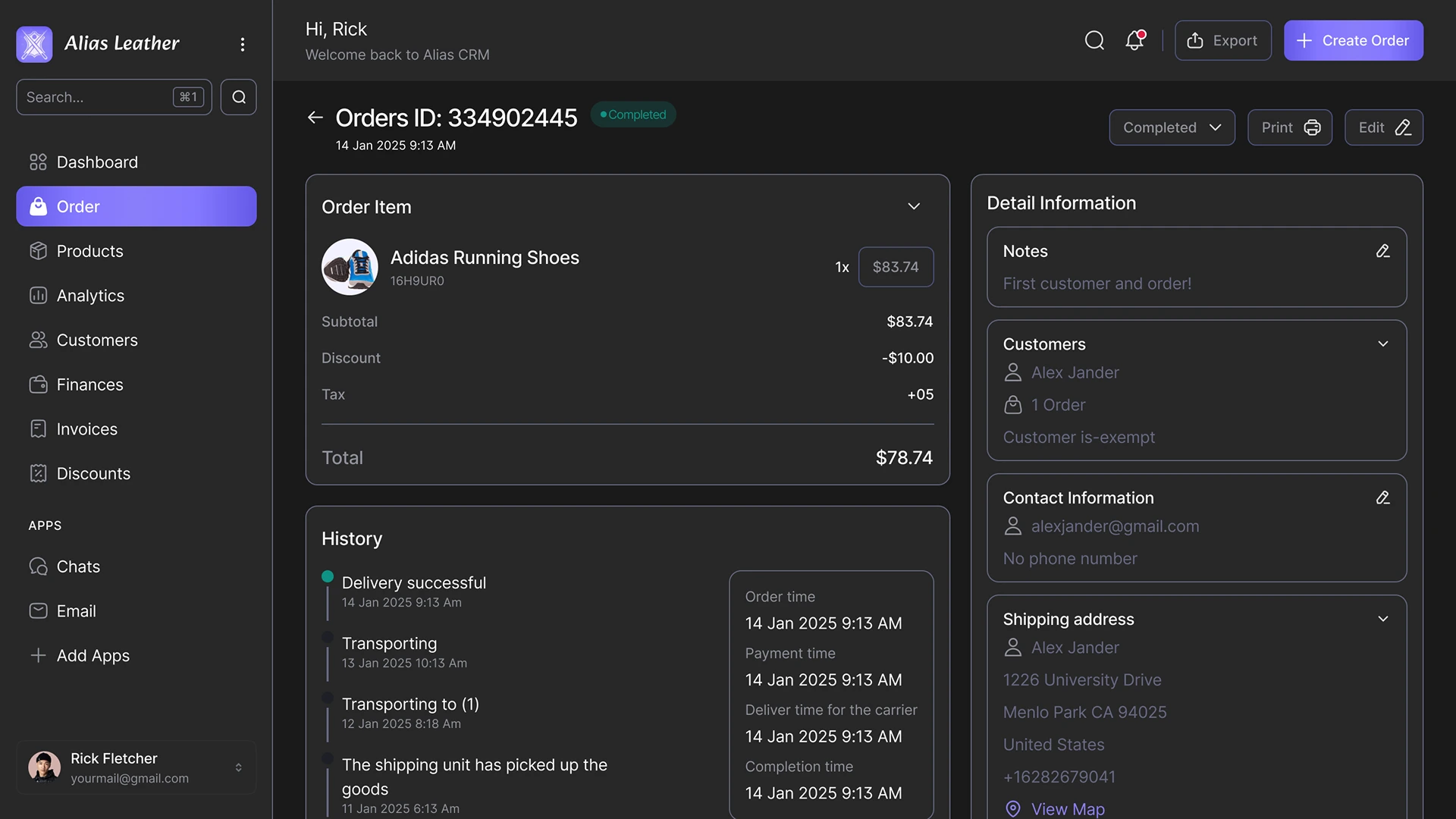 CRM Order View Page for E-commerce