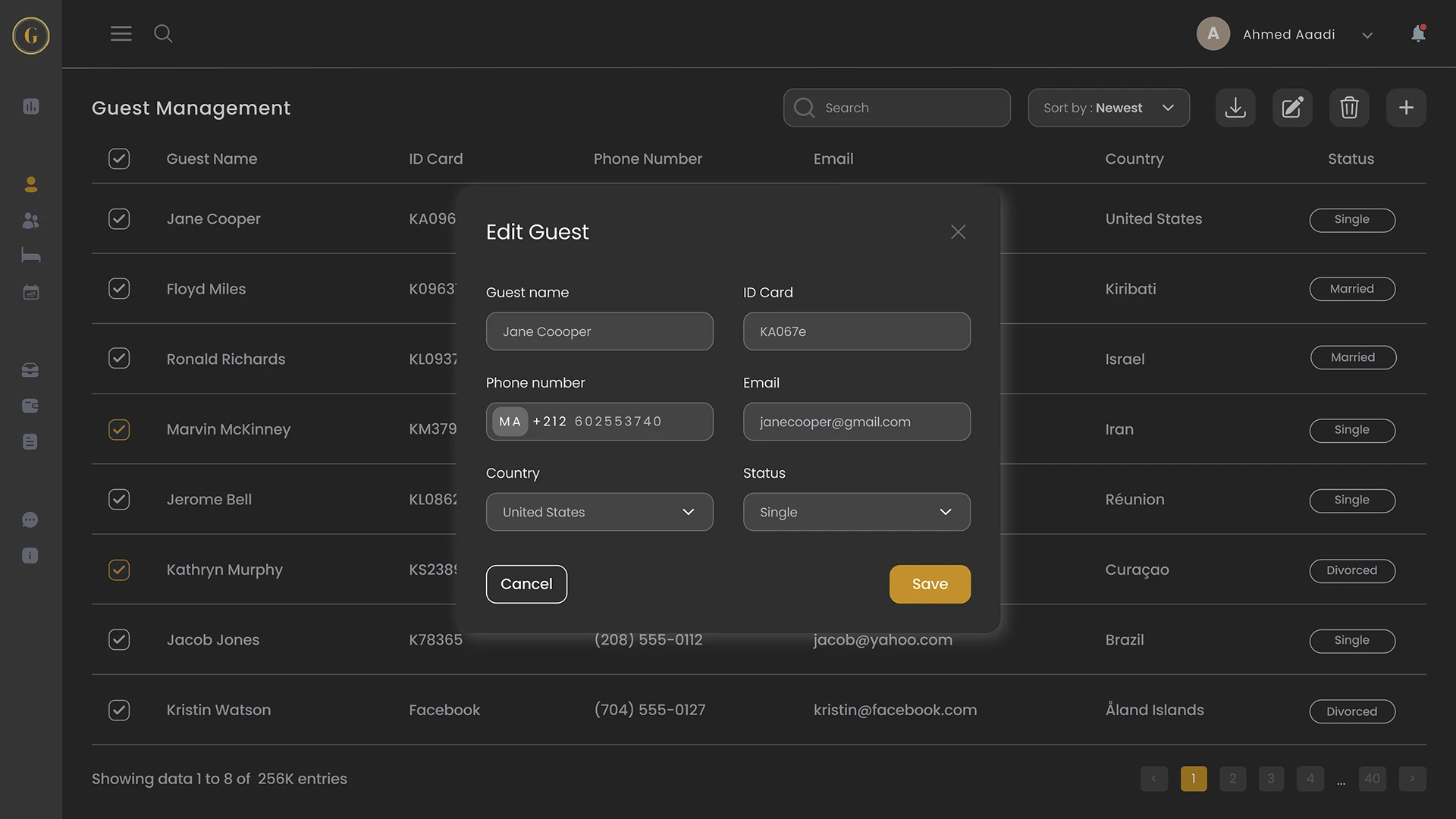 Pop-up window Edit guest CRM for hotels