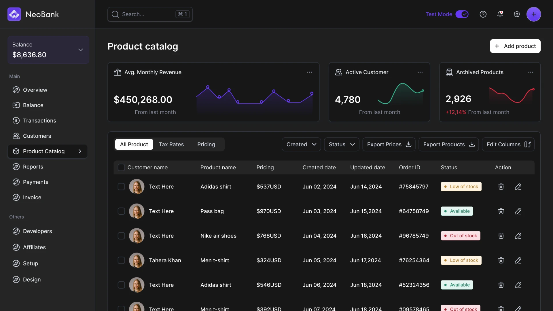 ERP system Product Catalog