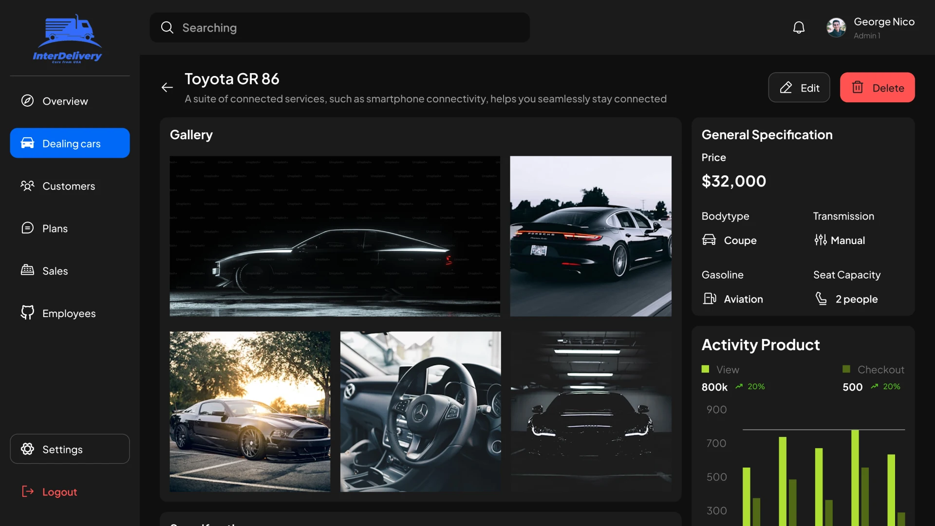Car Details Page CRM for delivery cars from the USA