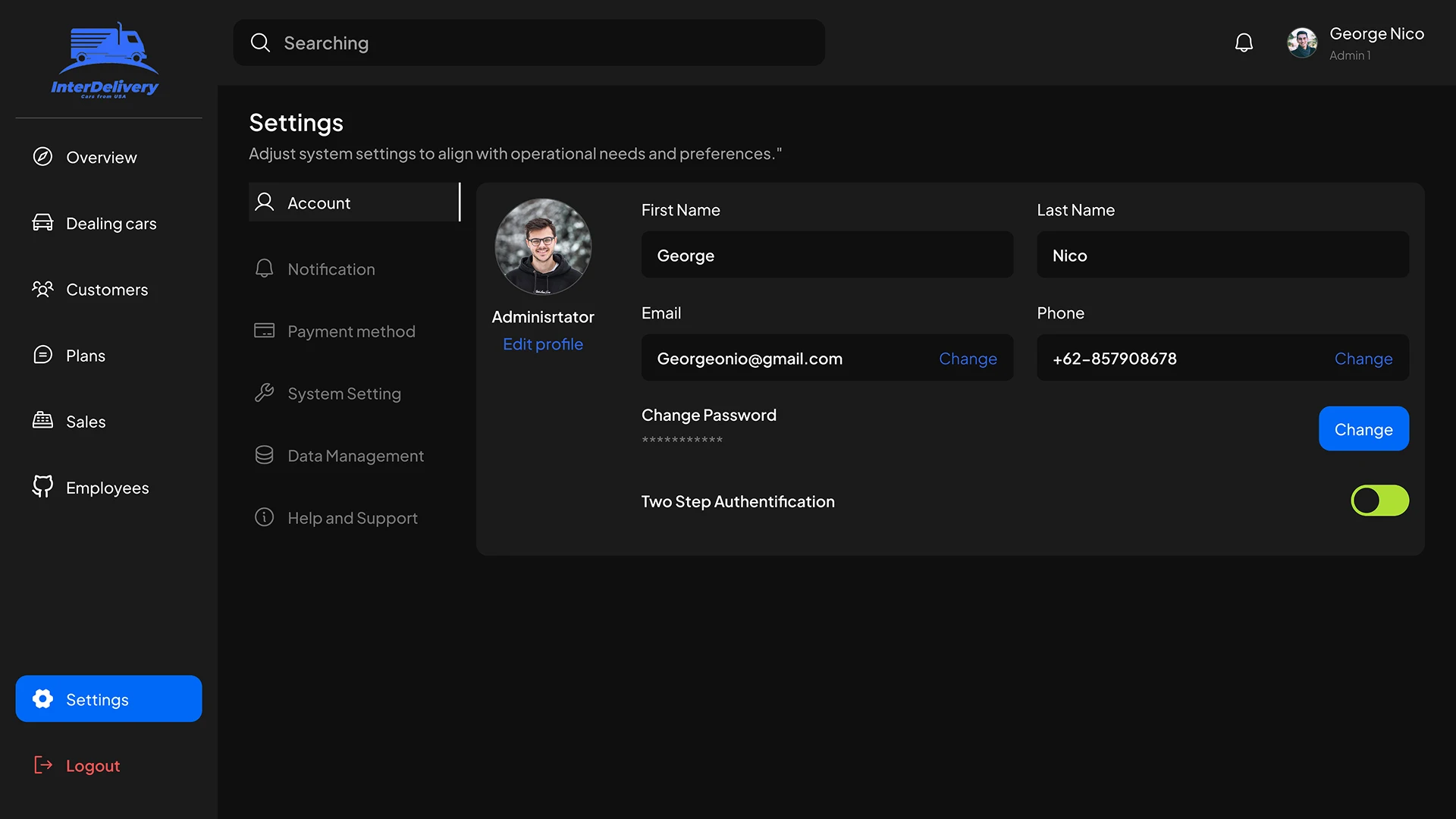 Settings Page CRM for delivery cars from the USA