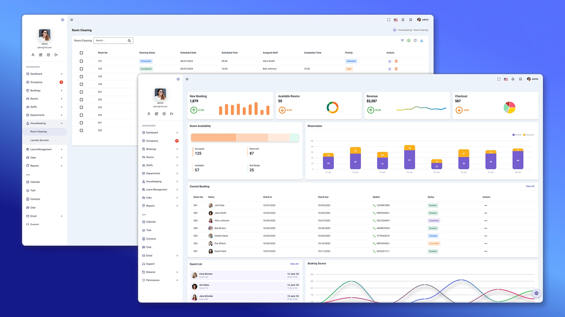 Hotel CRM Dashboard and Room Cleaning Pages