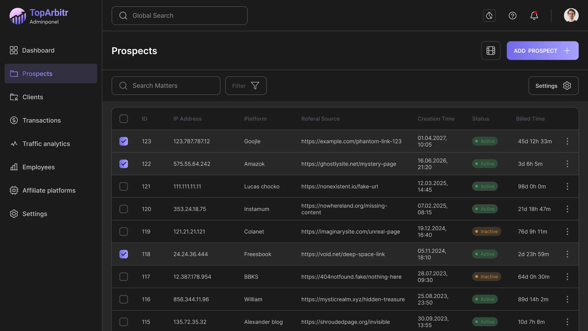 Страница Потенциальные клиенты CRM для арбитража трафика