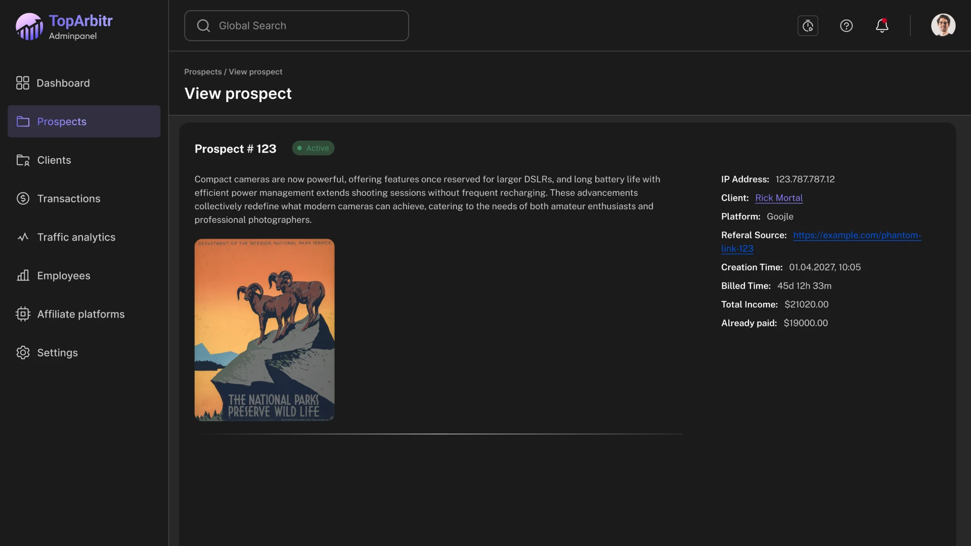 Страница Просмотр потенциального клиента CRM для арбитража трафика