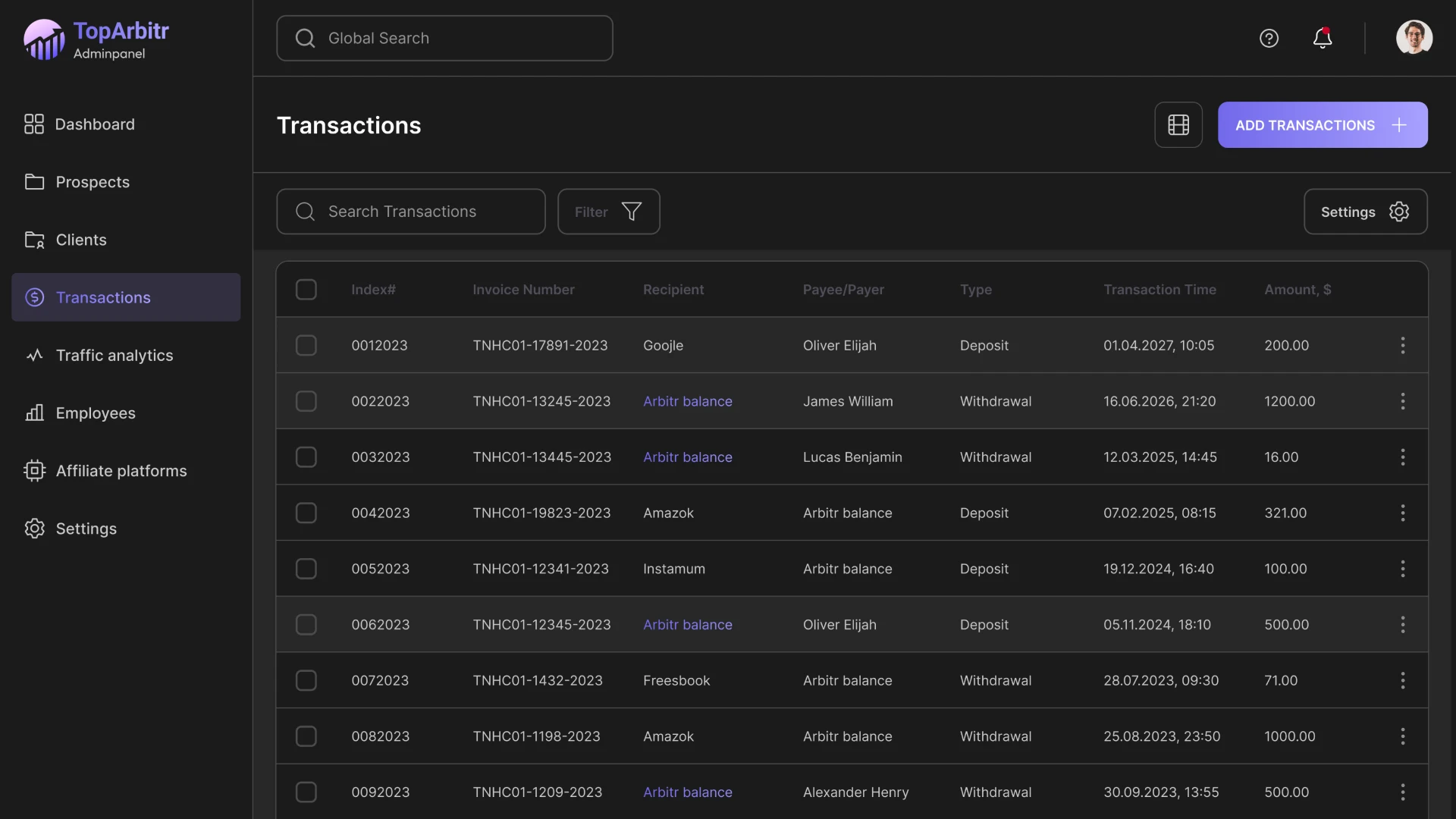 Страница транзакции CRM для арбитража трафика