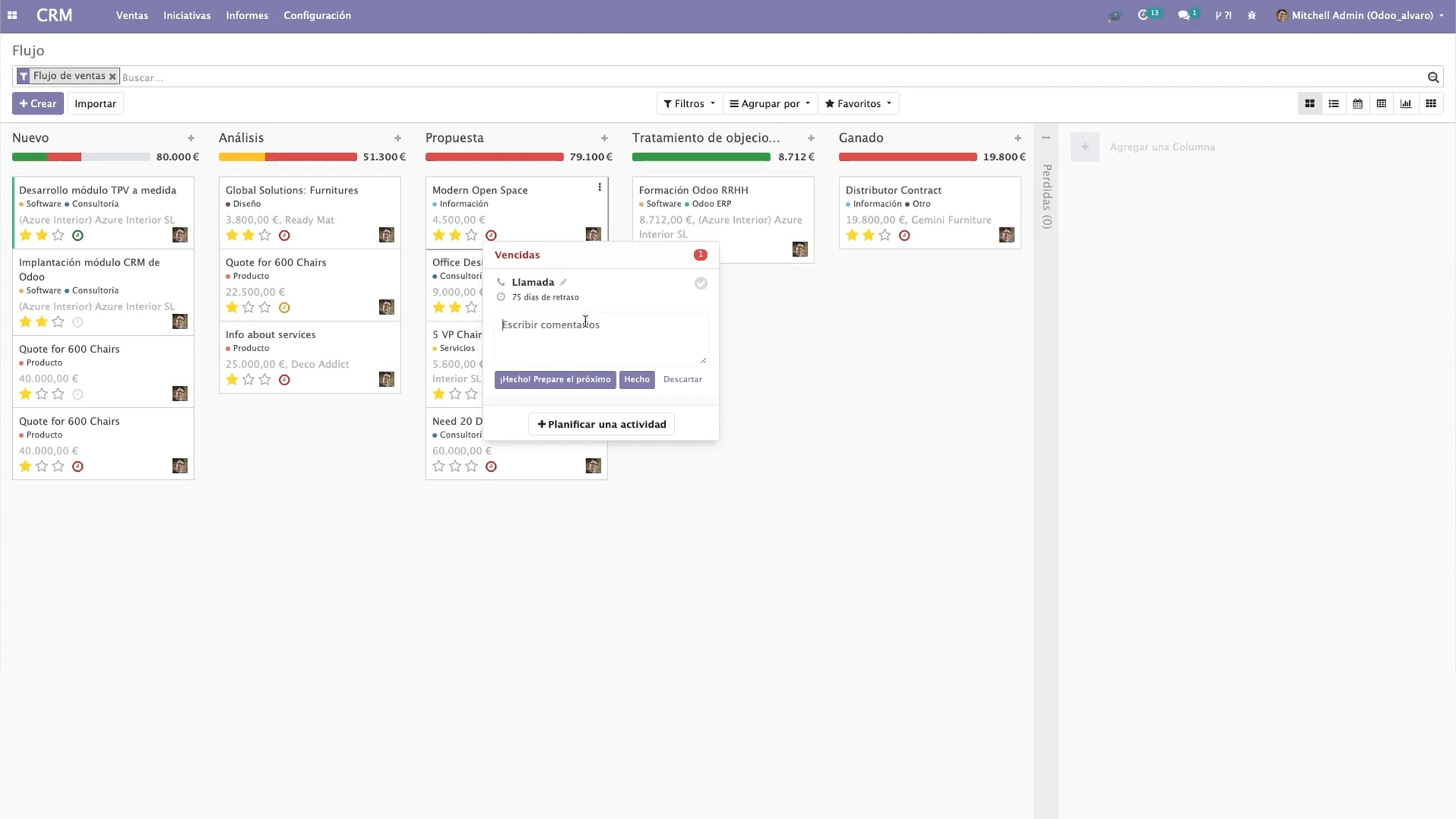 Tasks page in CRM ERP Odoo implementation