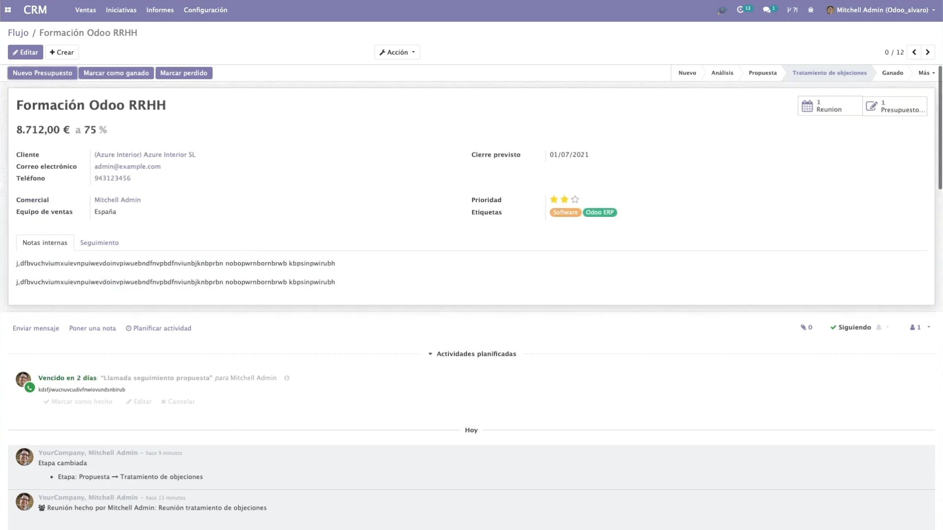 Order details page in CRM ERP Odoo implementation